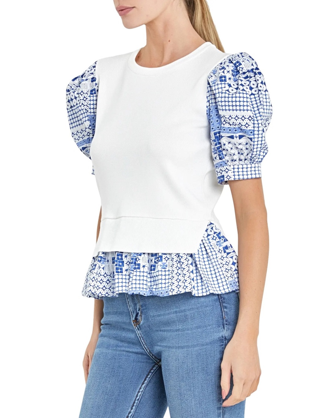 Tuckernuck || English Factory Puff Sleeve Mixed Media Peplum Top White Blue M